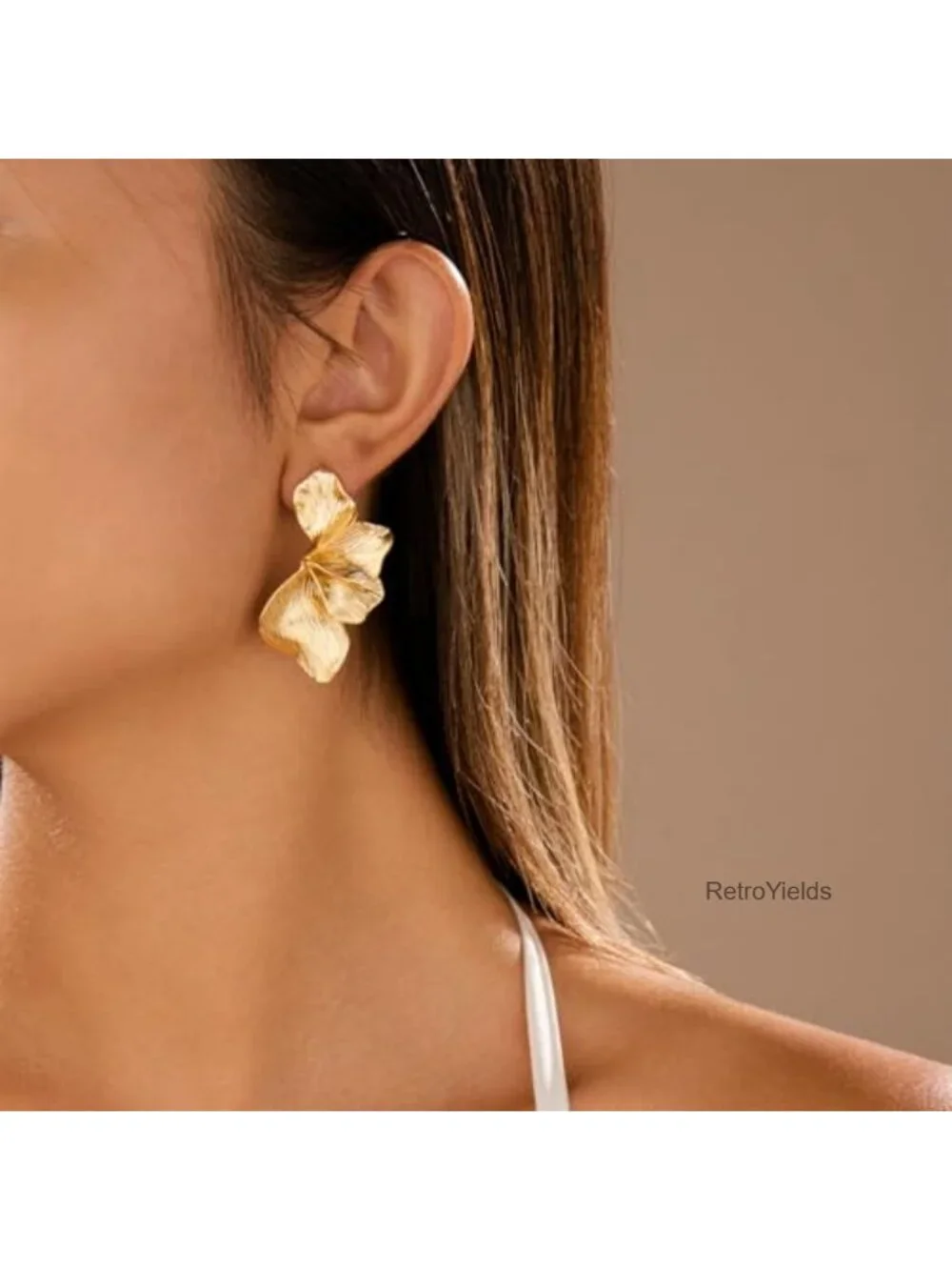 Gold Plated Flower Stud Earrings Women's Textured Floral Drop Earrings